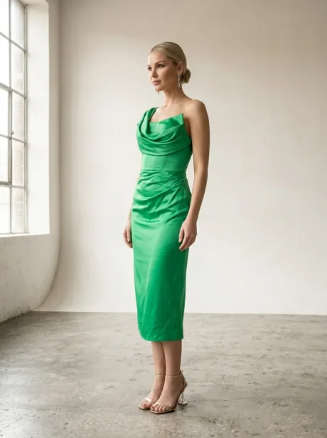 yeşil tek omuz midi saten dar5